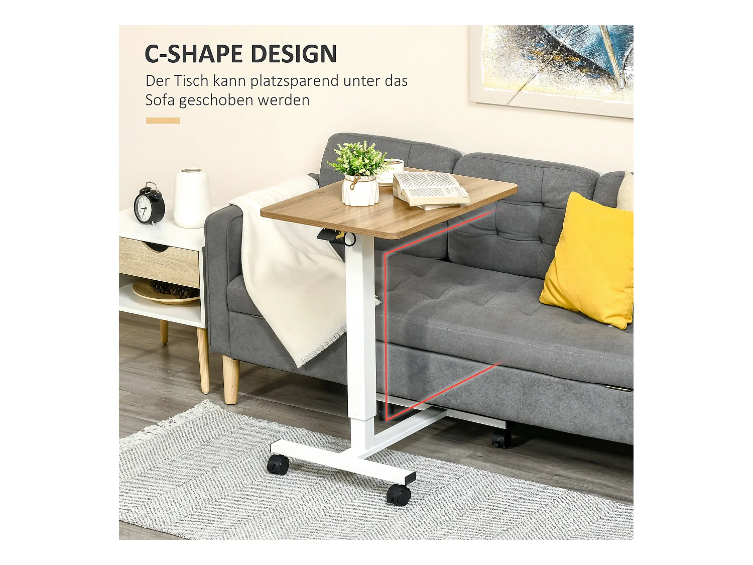 Bureau assis-debout avec roulettes, réglable en hauteur, acier, bois, blanc (70-110x48x65 cm)