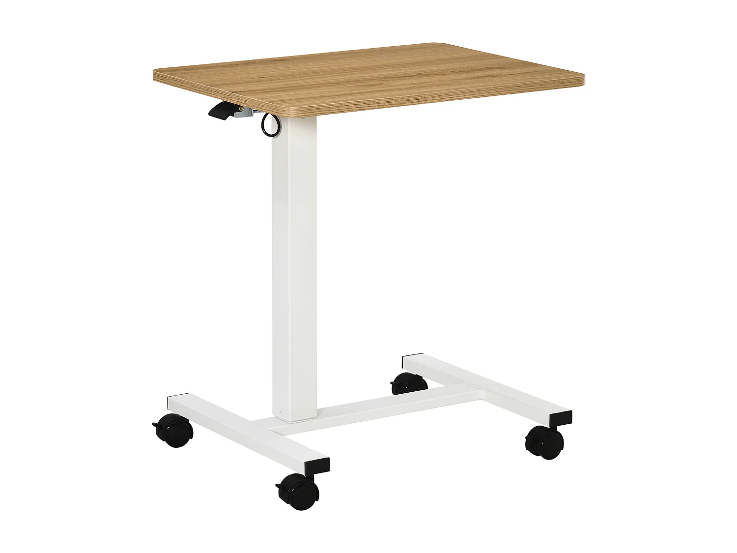 Bureau assis-debout avec roulettes, réglable en hauteur, acier, bois, blanc (70-110x48x65 cm)
