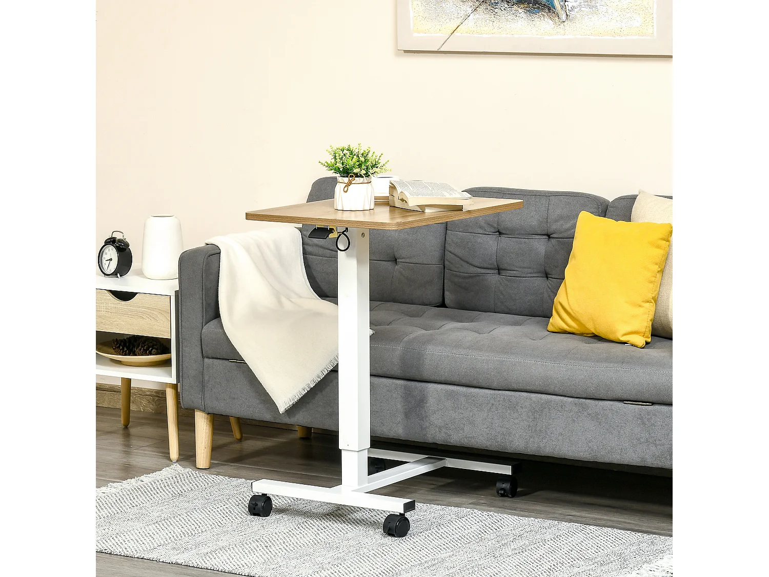 Bureau assis-debout avec roulettes, réglable en hauteur, acier, bois, blanc (70-110x48x65 cm)