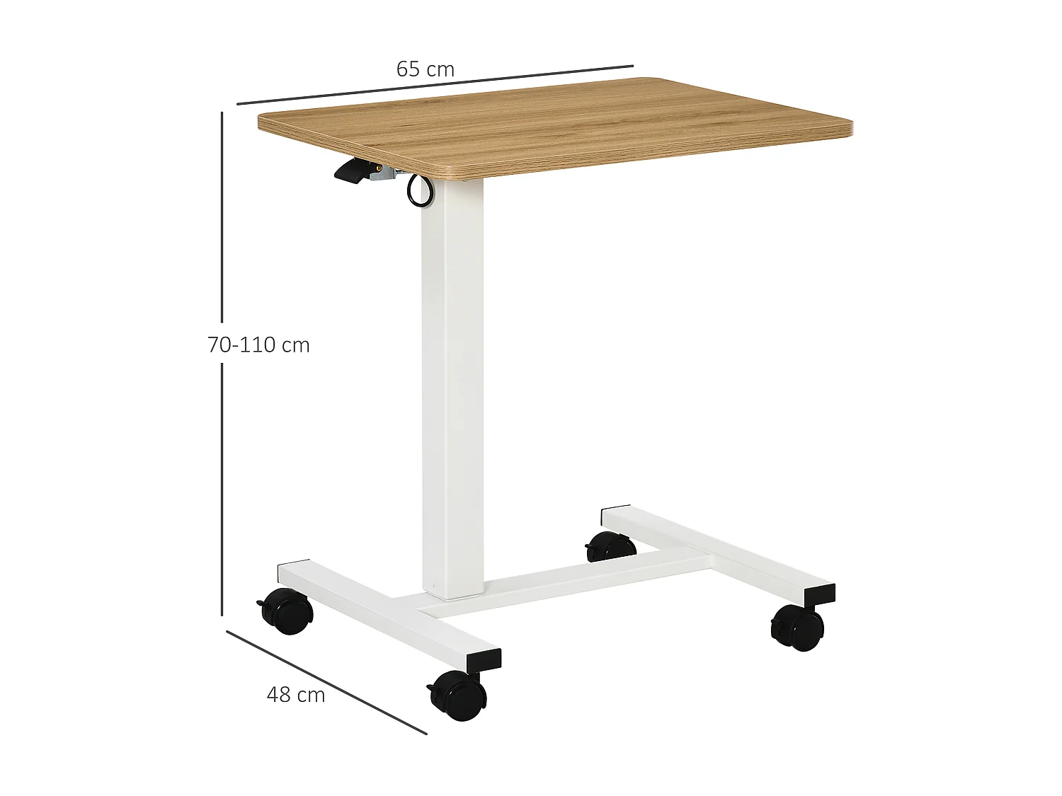 Bureau assis-debout avec roulettes, réglable en hauteur, acier, bois, blanc (70-110x48x65 cm)