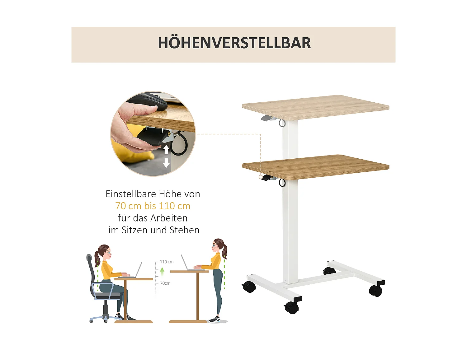Bureau assis-debout avec roulettes, réglable en hauteur, acier, bois, blanc (70-110x48x65 cm)