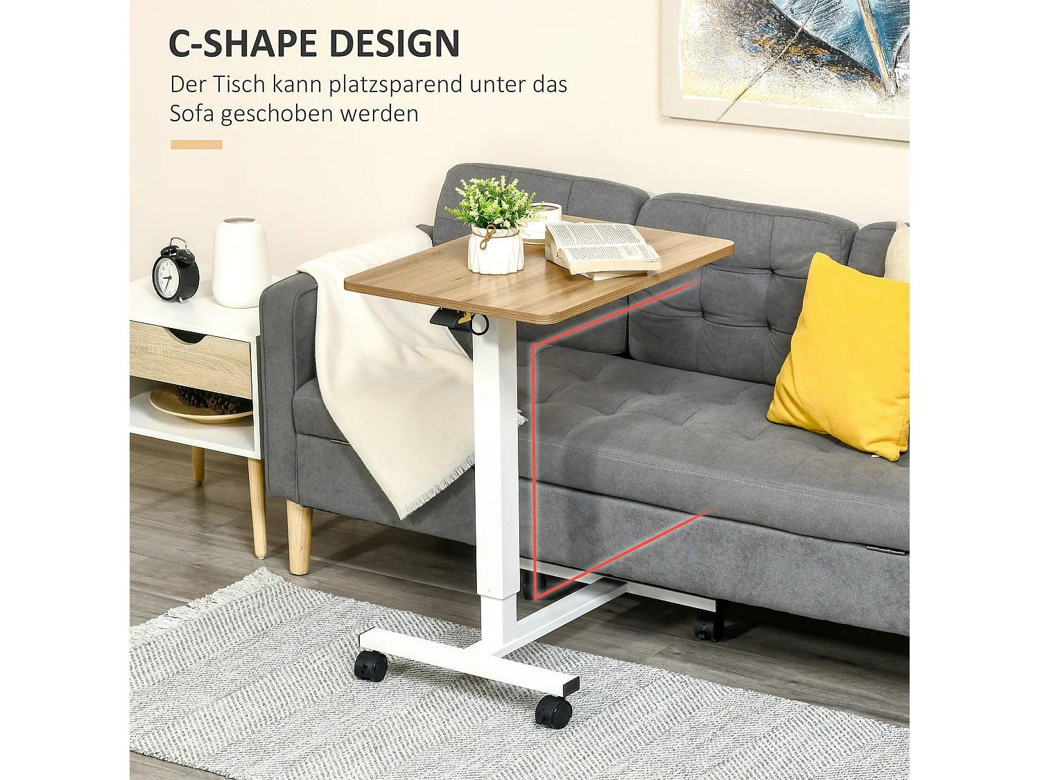 Bureau assis-debout avec roulettes, réglable en hauteur, acier, bois, blanc (70-110x48x65 cm)