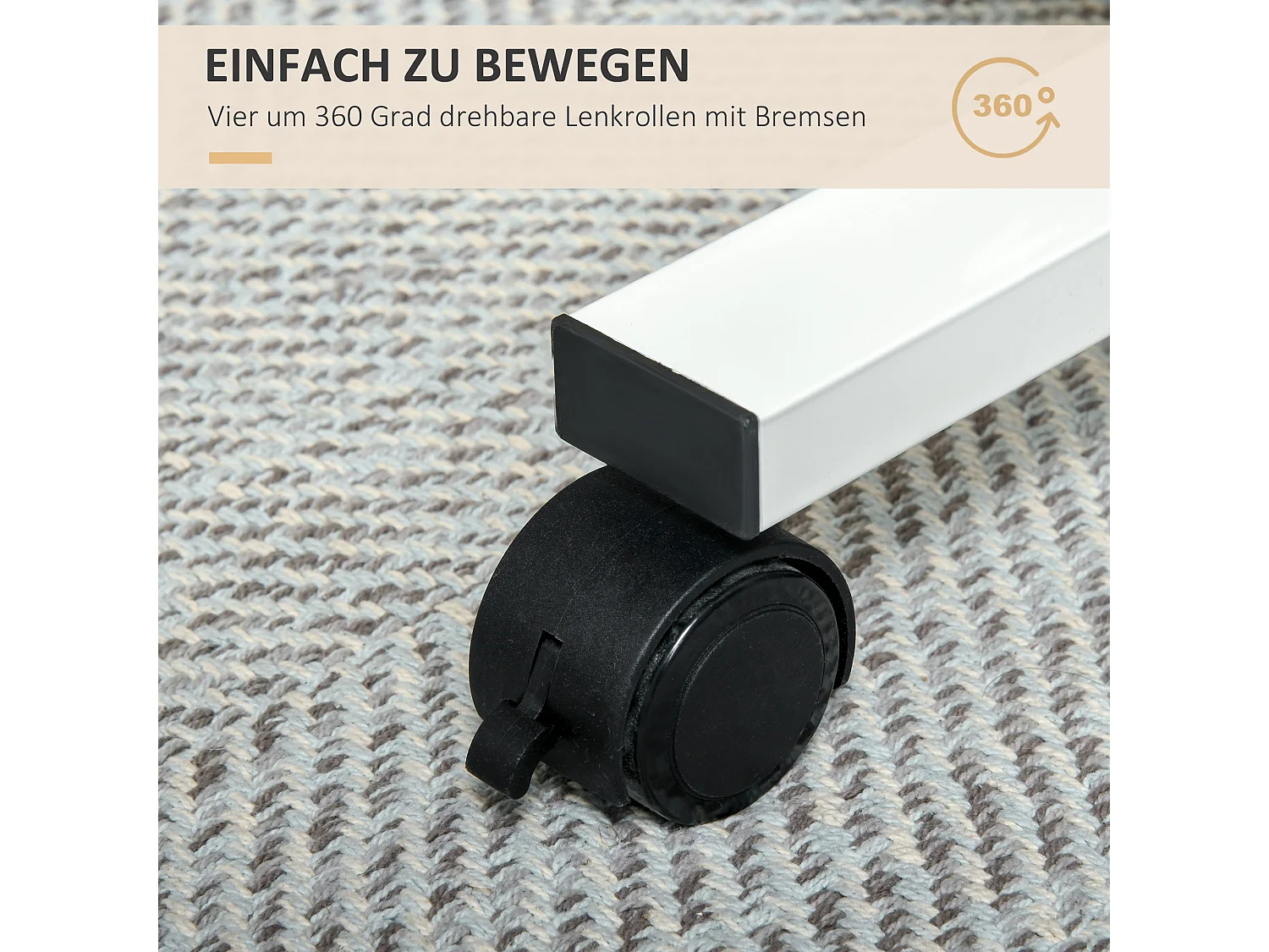 Bureau assis-debout avec roulettes, réglable en hauteur, acier, bois, blanc (70-110x48x65 cm)