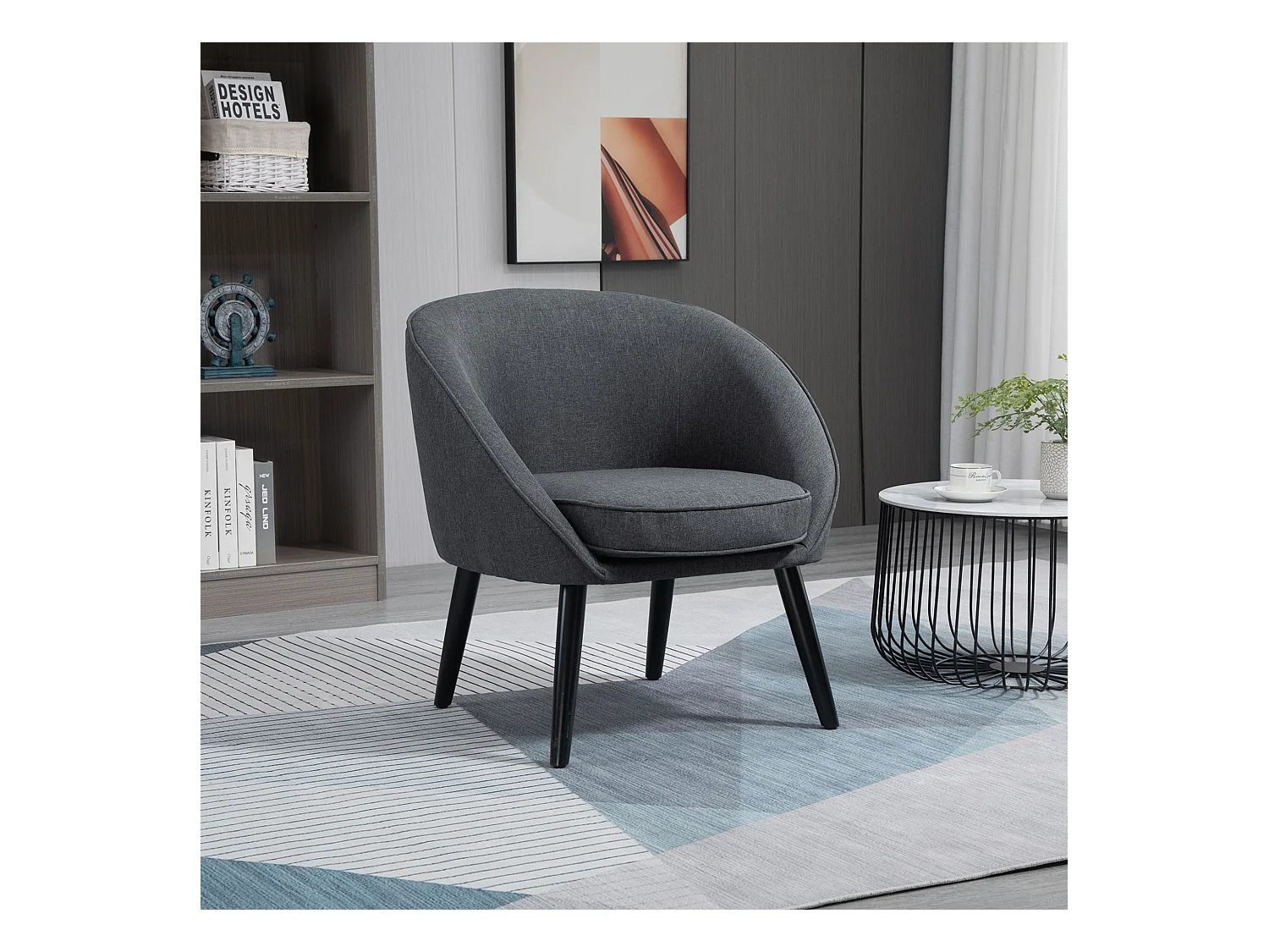 Fauteuil lounge avec accoudoirs, tissu lin, pieds en bois, gris (71x65x75 cm)