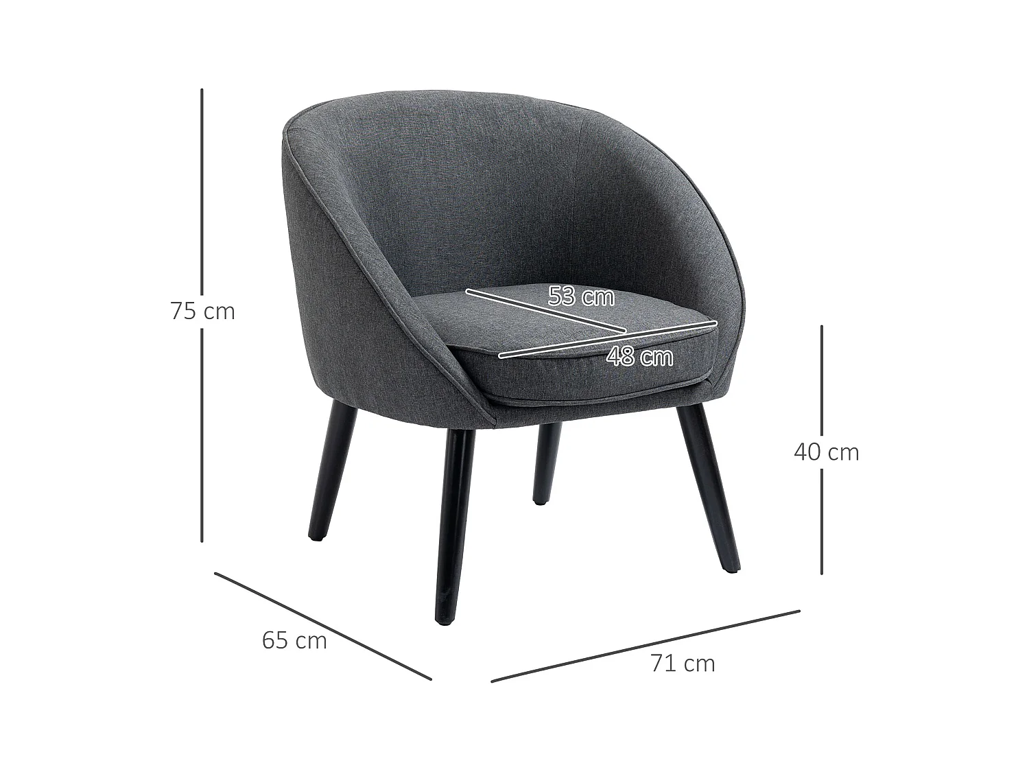 Fauteuil lounge avec accoudoirs, tissu lin, pieds en bois, gris (71x65x75 cm)