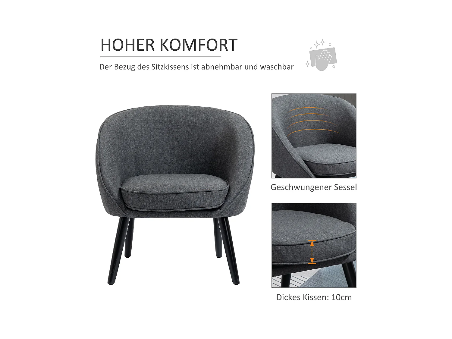 Fauteuil lounge avec accoudoirs, tissu lin, pieds en bois, gris (71x65x75 cm)