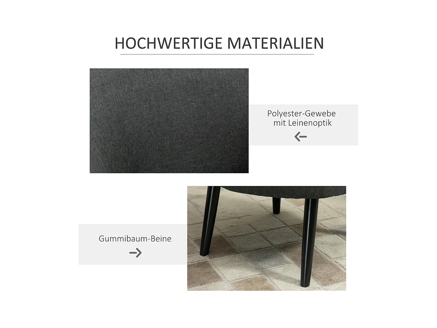 Fauteuil lounge avec accoudoirs, tissu lin, pieds en bois, gris (71x65x75 cm)