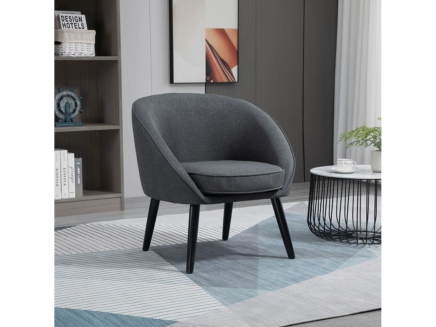 Fauteuil lounge avec accoudoirs, tissu lin, pieds en bois, gris (71x65x75 cm)