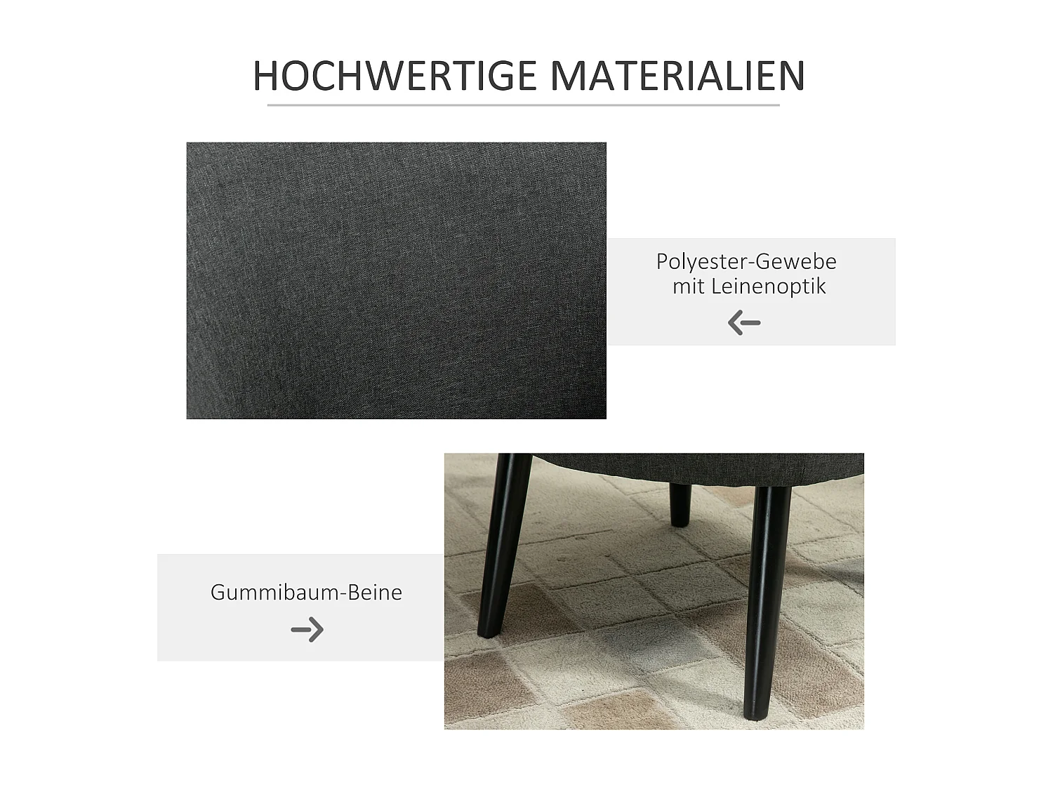 Fauteuil lounge avec accoudoirs, tissu lin, pieds en bois, gris (71x65x75 cm)