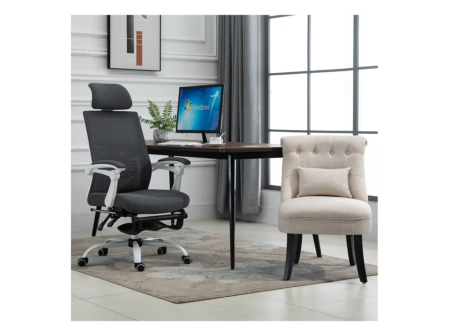 Fauteuil relax avec coussin de dos, tissu lin, pieds en bois, crème (52.5x69x77 cm)