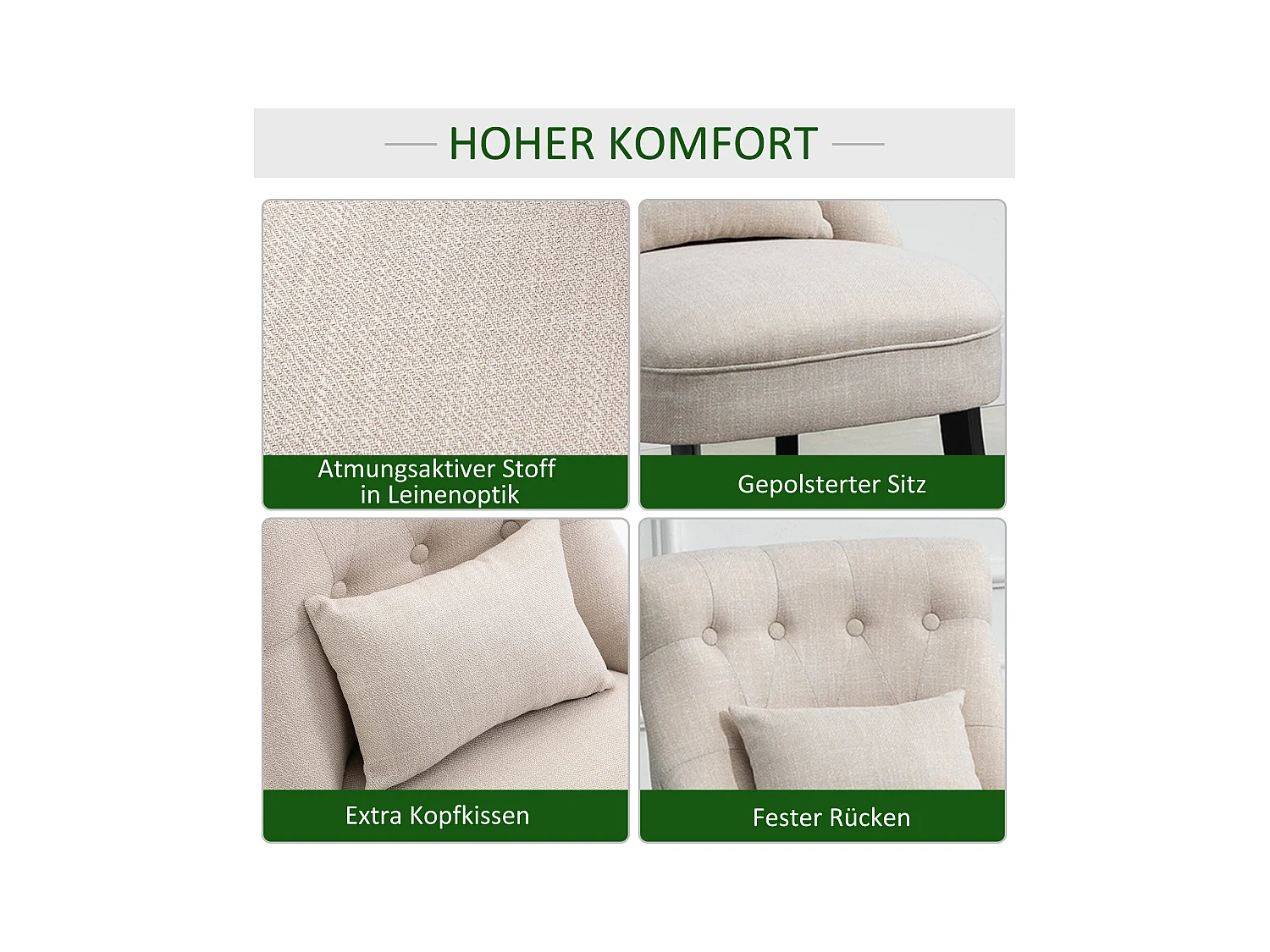 Fauteuil relax avec coussin de dos, tissu lin, pieds en bois, crème (52.5x69x77 cm)