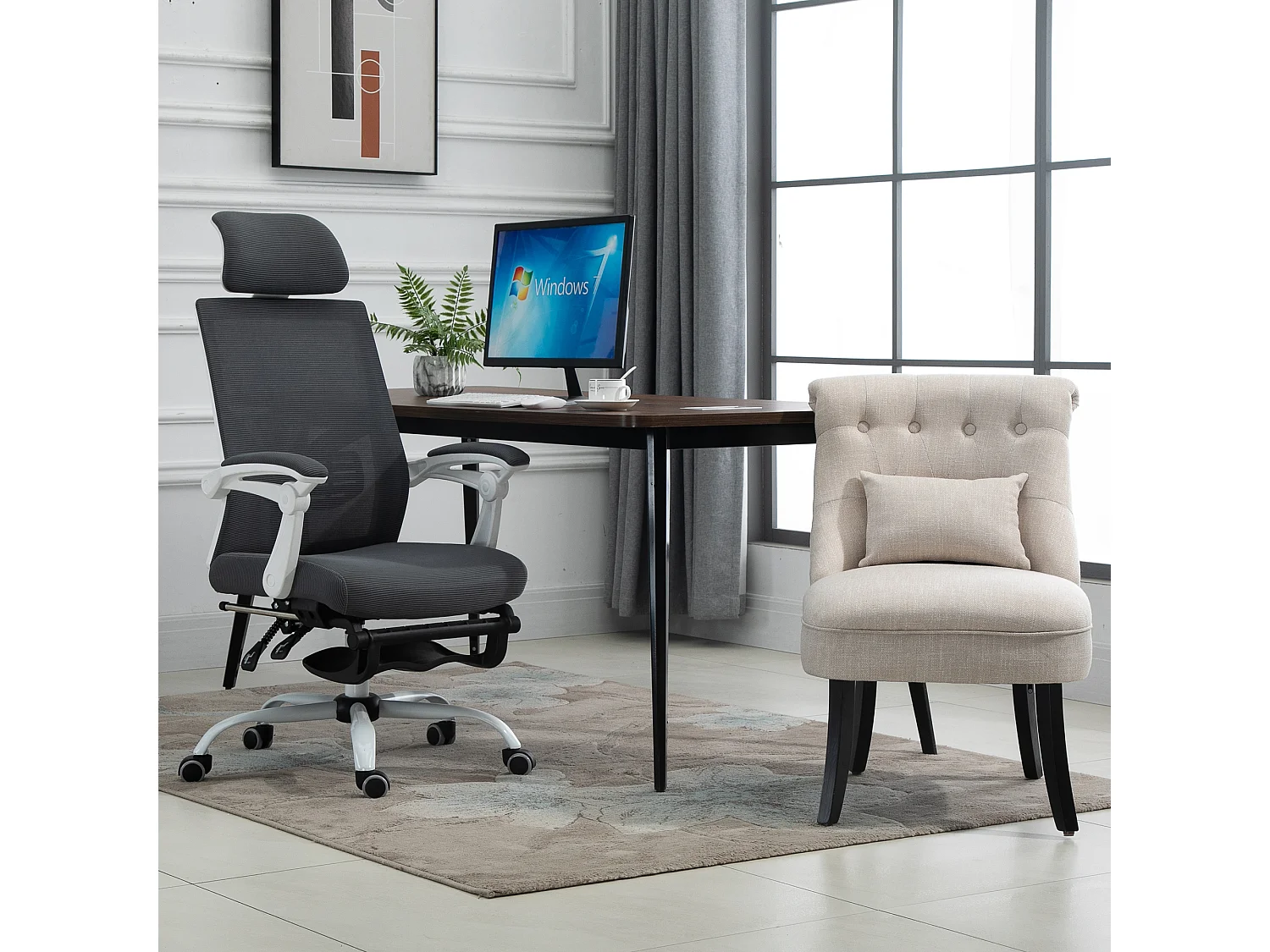 Fauteuil relax avec coussin de dos, tissu lin, pieds en bois, crème (52.5x69x77 cm)