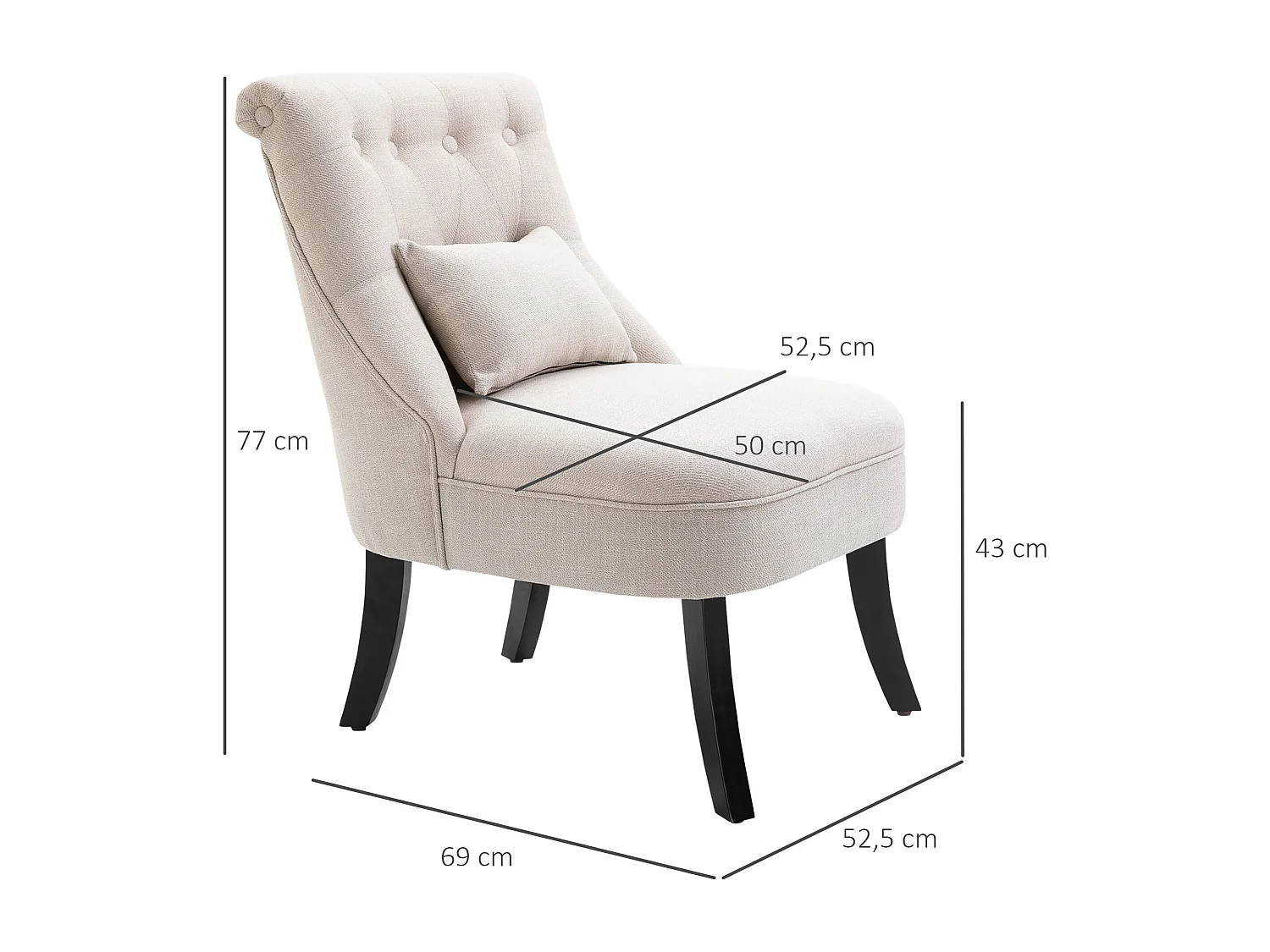 Fauteuil relax avec coussin de dos, tissu lin, pieds en bois, crème (52.5x69x77 cm)