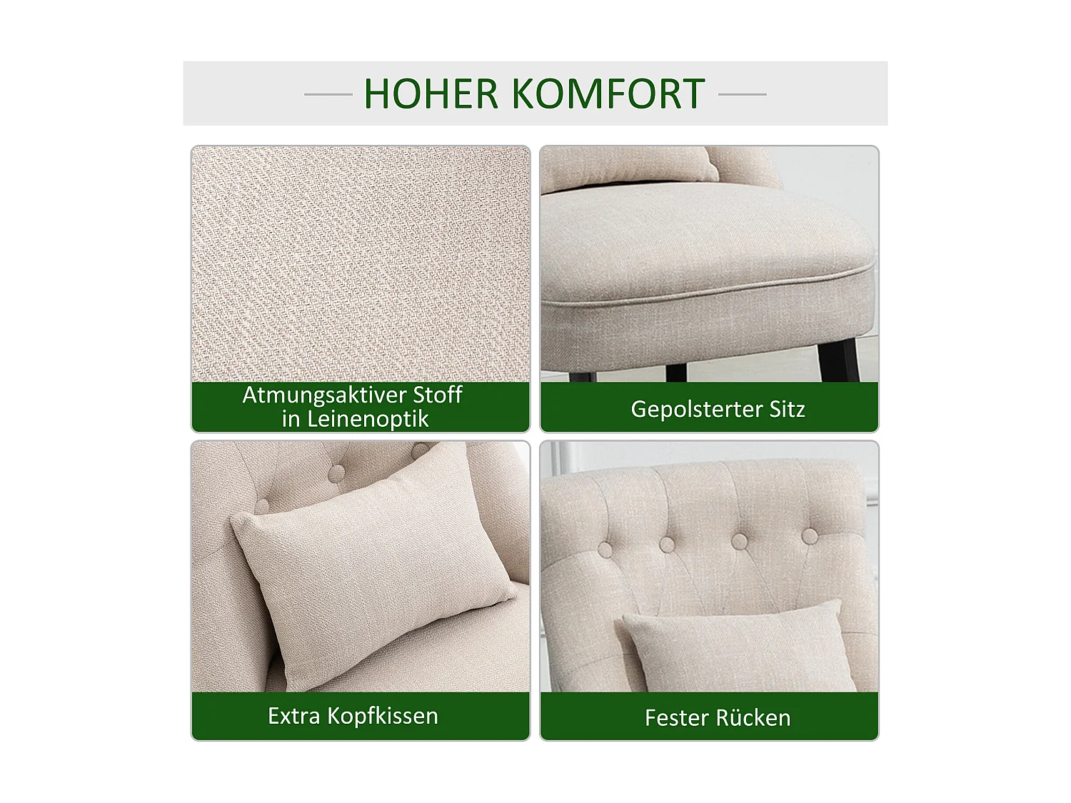 Fauteuil relax avec coussin de dos, tissu lin, pieds en bois, crème (52.5x69x77 cm)