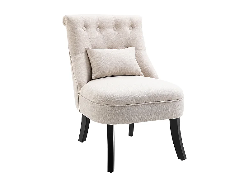 Fauteuil relax avec coussin de dos, tissu lin, pieds en bois, crème (52.5x69x77 cm)