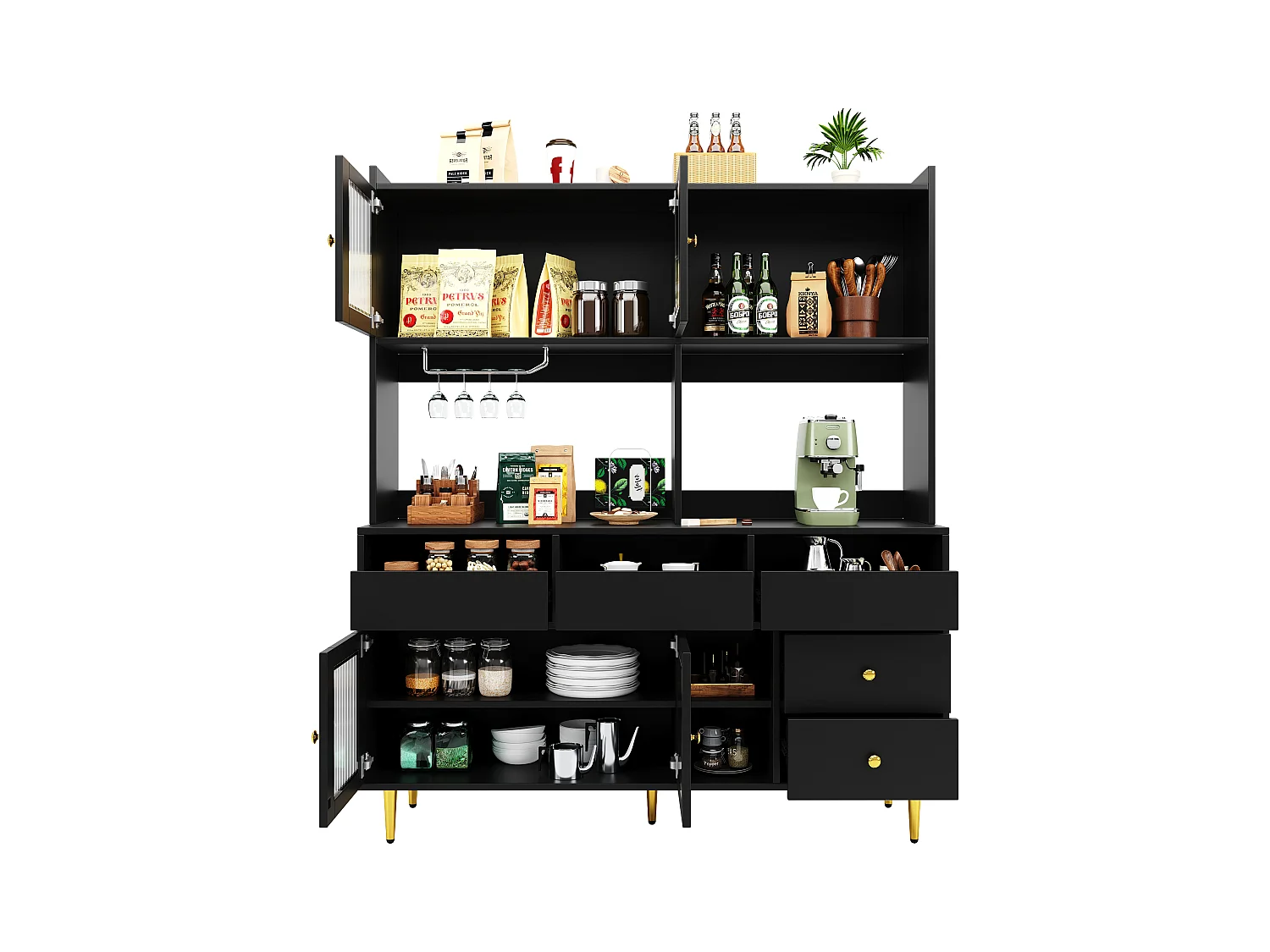 Armoire haute pour salle à manger, portes en verre fumé, avec porte-verre à vin, rangement à plusieurs niveaux, MDF (145x39x171 cm)