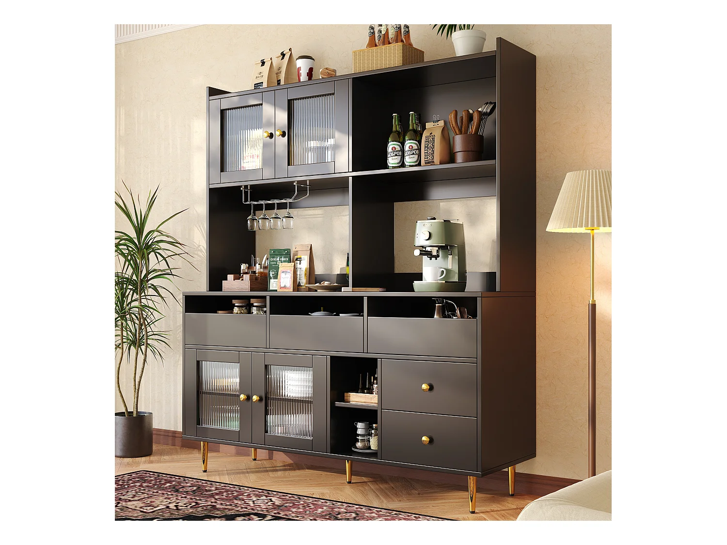 Armoire haute pour salle à manger, portes en verre fumé, avec porte-verre à vin, rangement à plusieurs niveaux, MDF (145x39x171 cm)