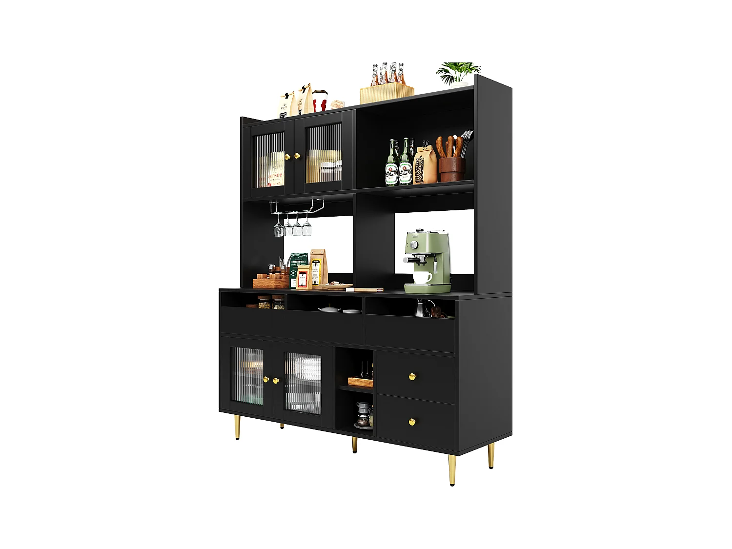 Armoire haute pour salle à manger, portes en verre fumé, avec porte-verre à vin, rangement à plusieurs niveaux, MDF (145x39x171 cm)