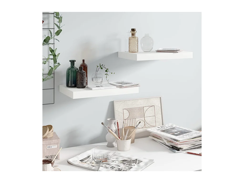 Mensola da parete sospesa 2 pezzi Bianco lucido 40x23x3,8 cm MDF