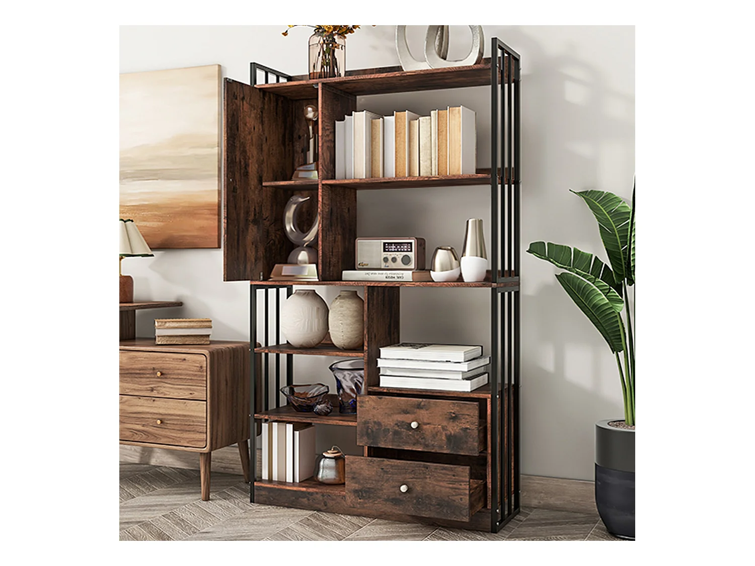 Librería industrial con 6 estantes, baldas con puertas y cajones, acero, marrón antiguo (100x30x173,5 cm)