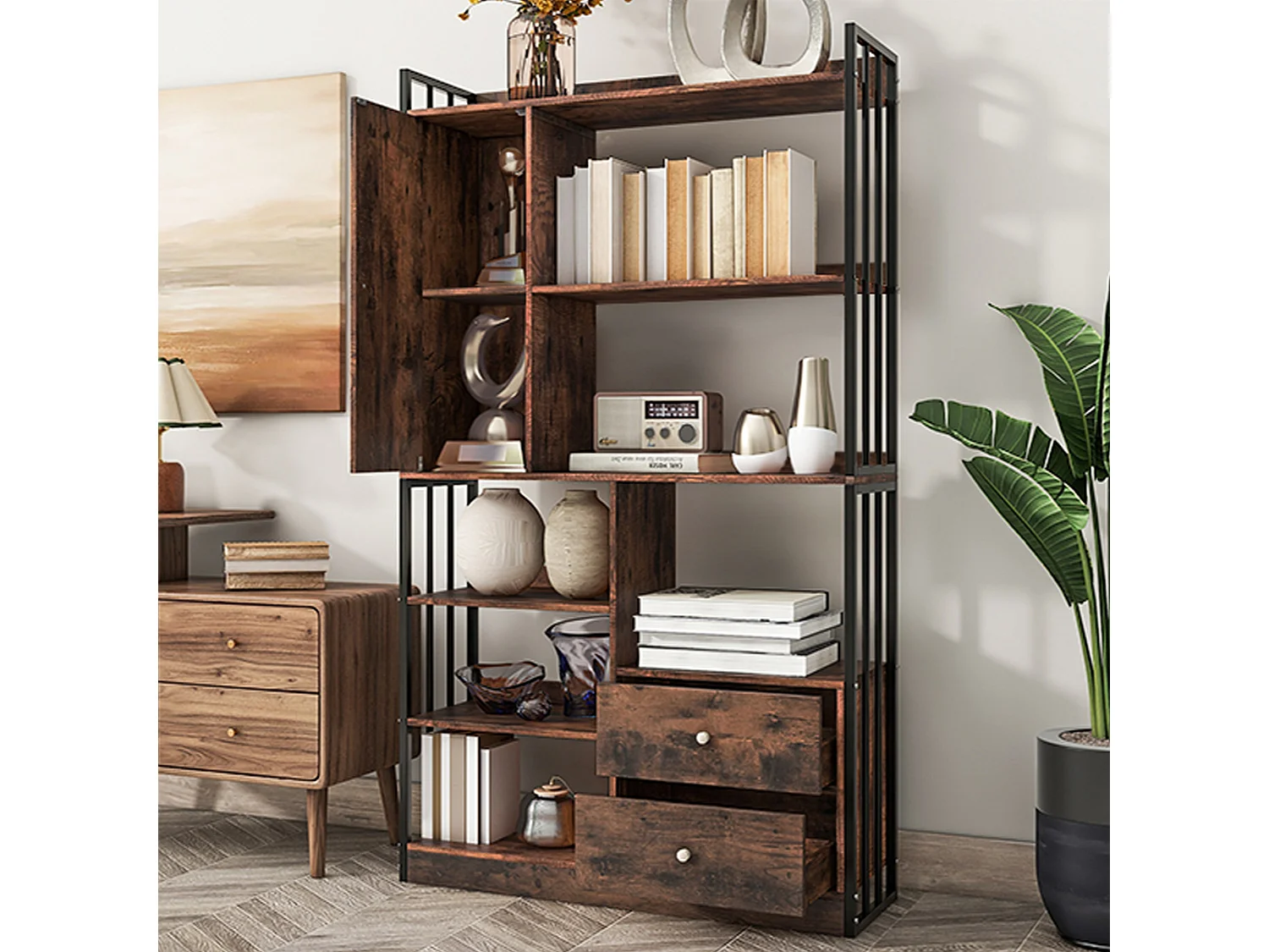 Industriële boekenkast met 6 planken, planken met deuren en laden, staal, antiekbruin (100x30x173,5 cm)