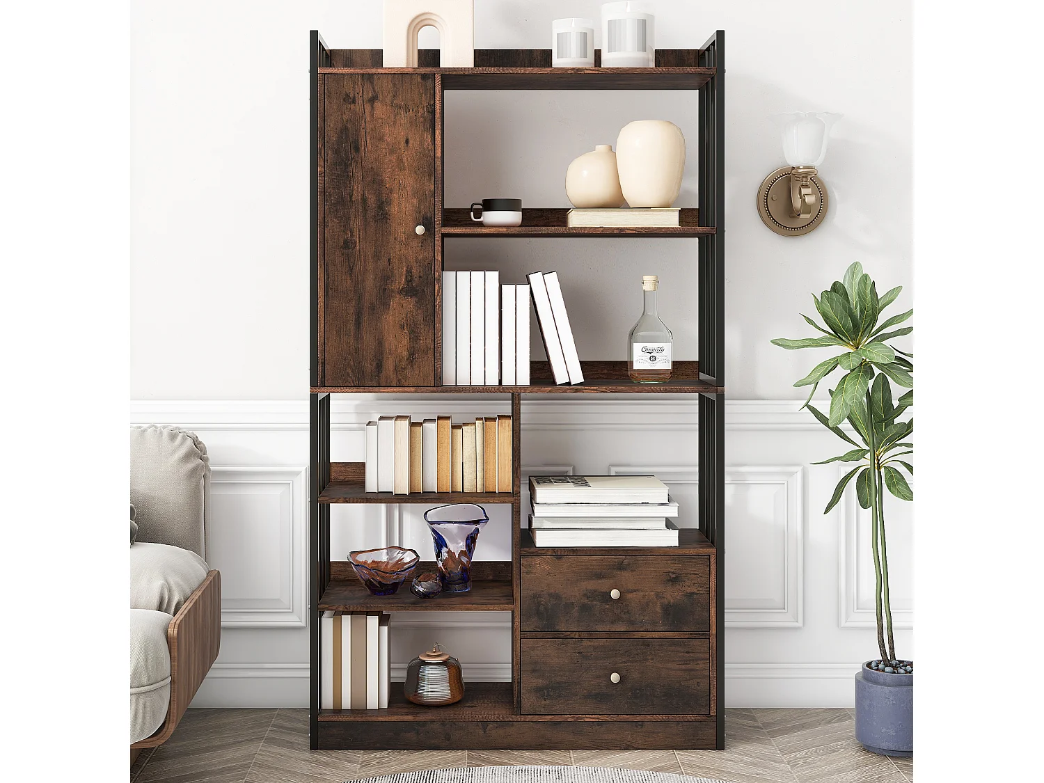 Industriële boekenkast met 6 planken, planken met deuren en laden, staal, antiekbruin (100x30x173,5 cm)