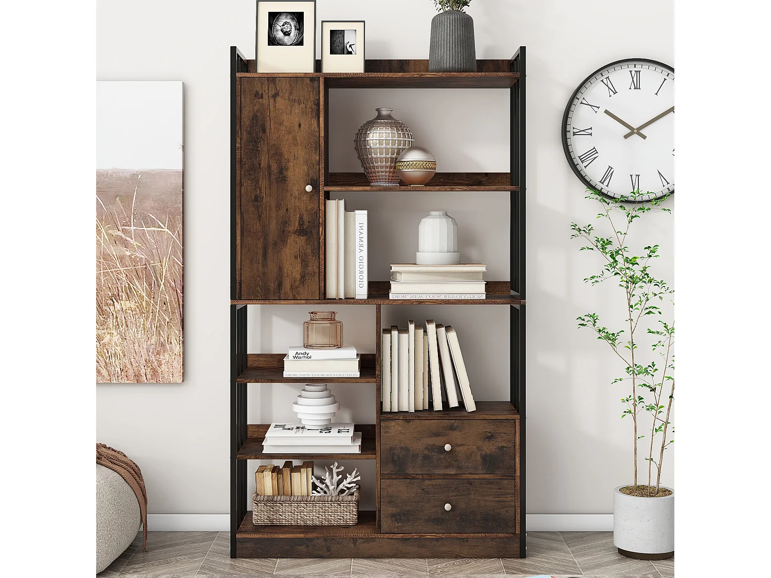 Industriële boekenkast met 6 planken, planken met deuren en laden, staal, antiekbruin (100x30x173,5 cm)