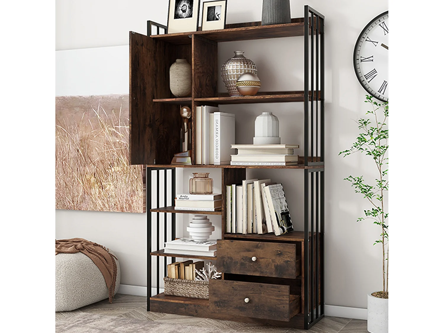 Industriële boekenkast met 6 planken, planken met deuren en laden, staal, antiekbruin (100x30x173,5 cm)