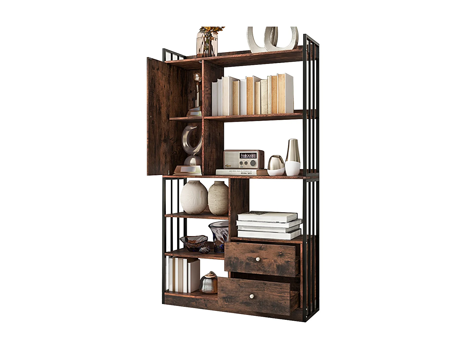 Industriële boekenkast met 6 planken, planken met deuren en laden, staal, antiekbruin (100x30x173,5 cm)