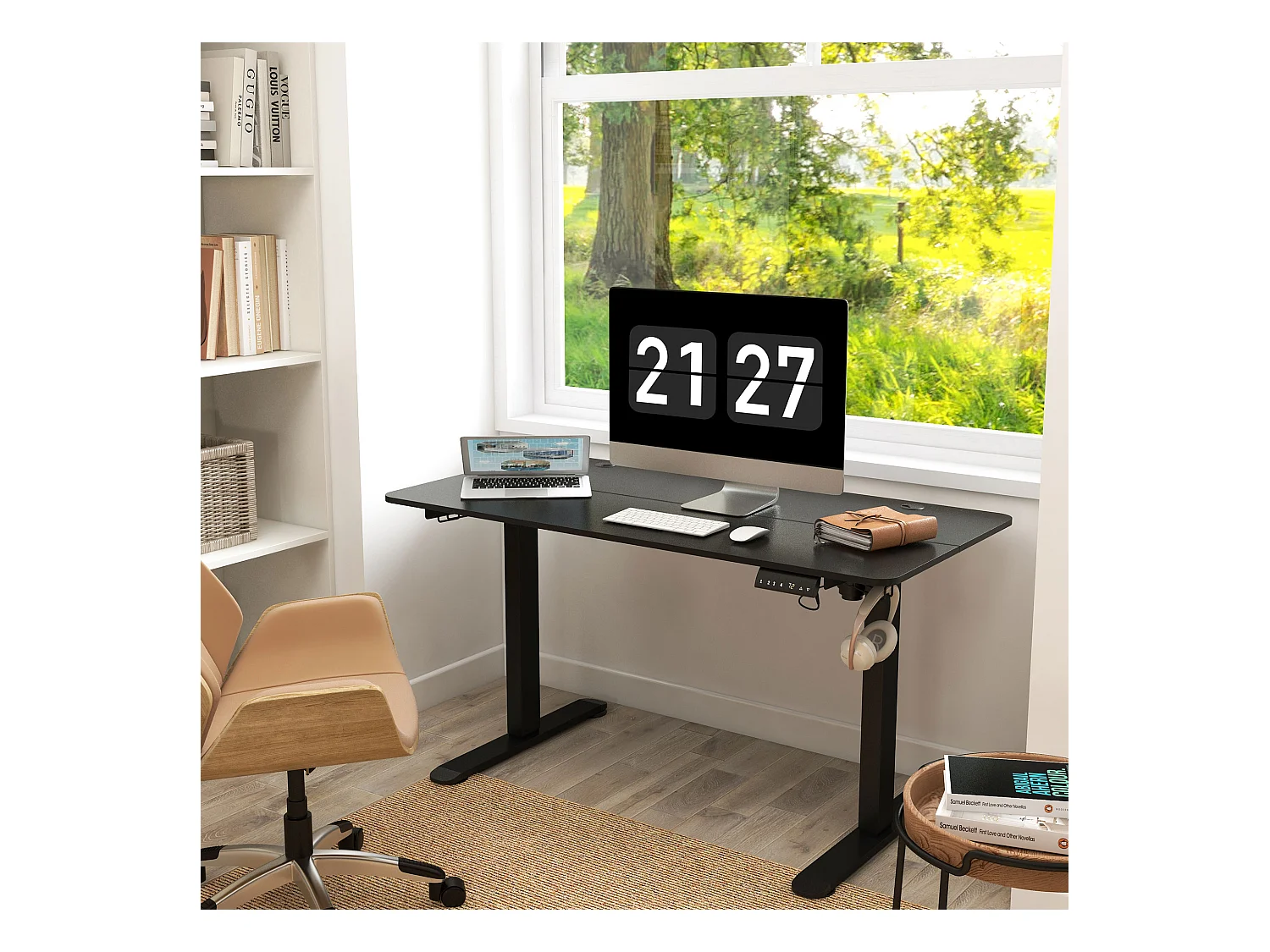 Bureau assis-debout électrique, anti-collision, contre la surchauffe, panneaux MDF, noir (140x70x72-116 cm)