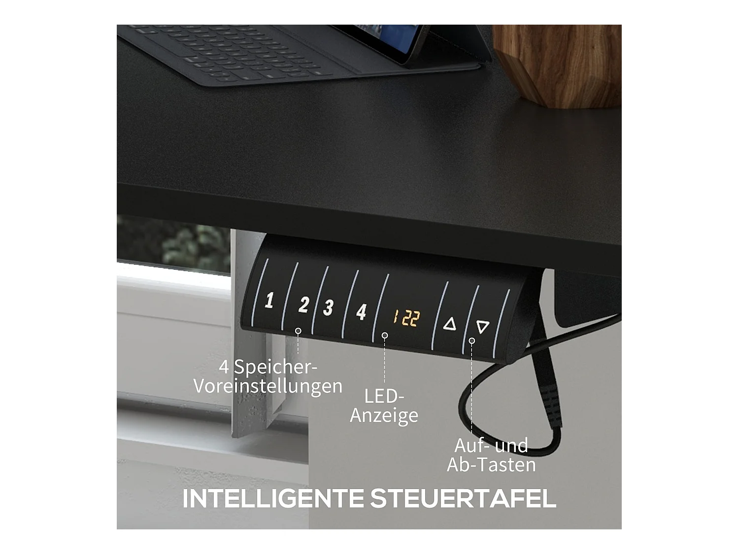 Bureau assis-debout électrique, anti-collision, contre la surchauffe, panneaux MDF, noir (140x70x72-116 cm)