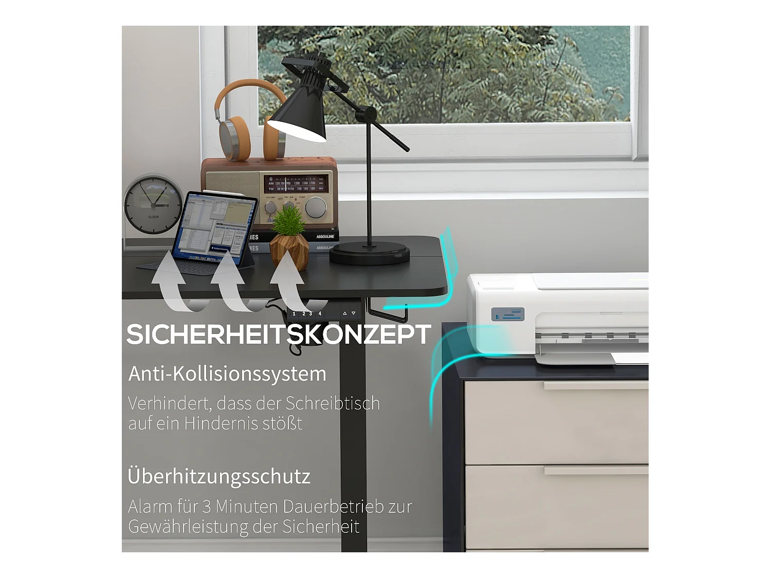 Bureau assis-debout électrique, anti-collision, contre la surchauffe, panneaux MDF, noir (140x70x72-116 cm)