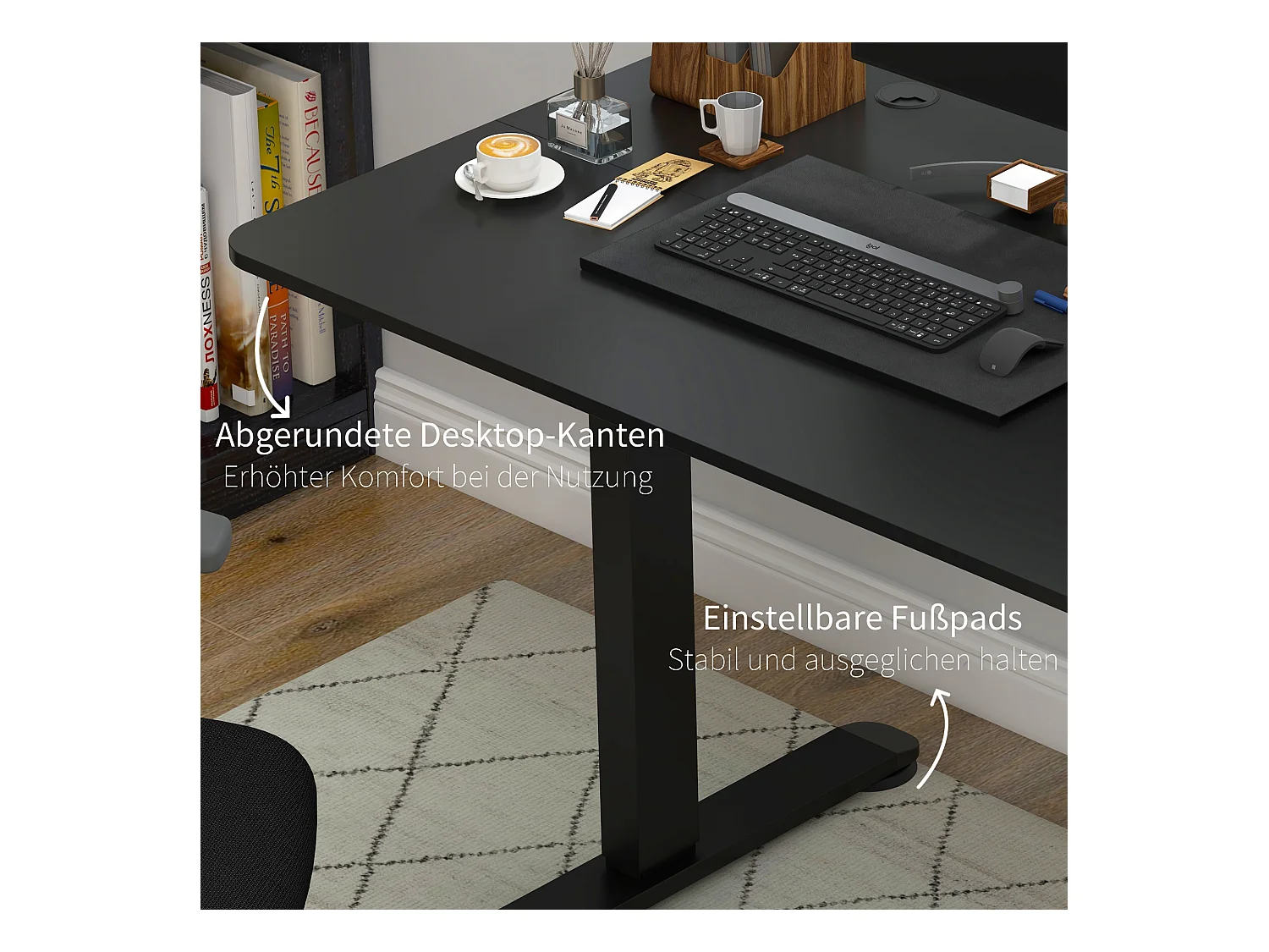 Bureau assis-debout électrique, anti-collision, contre la surchauffe, panneaux MDF, noir (140x70x72-116 cm)