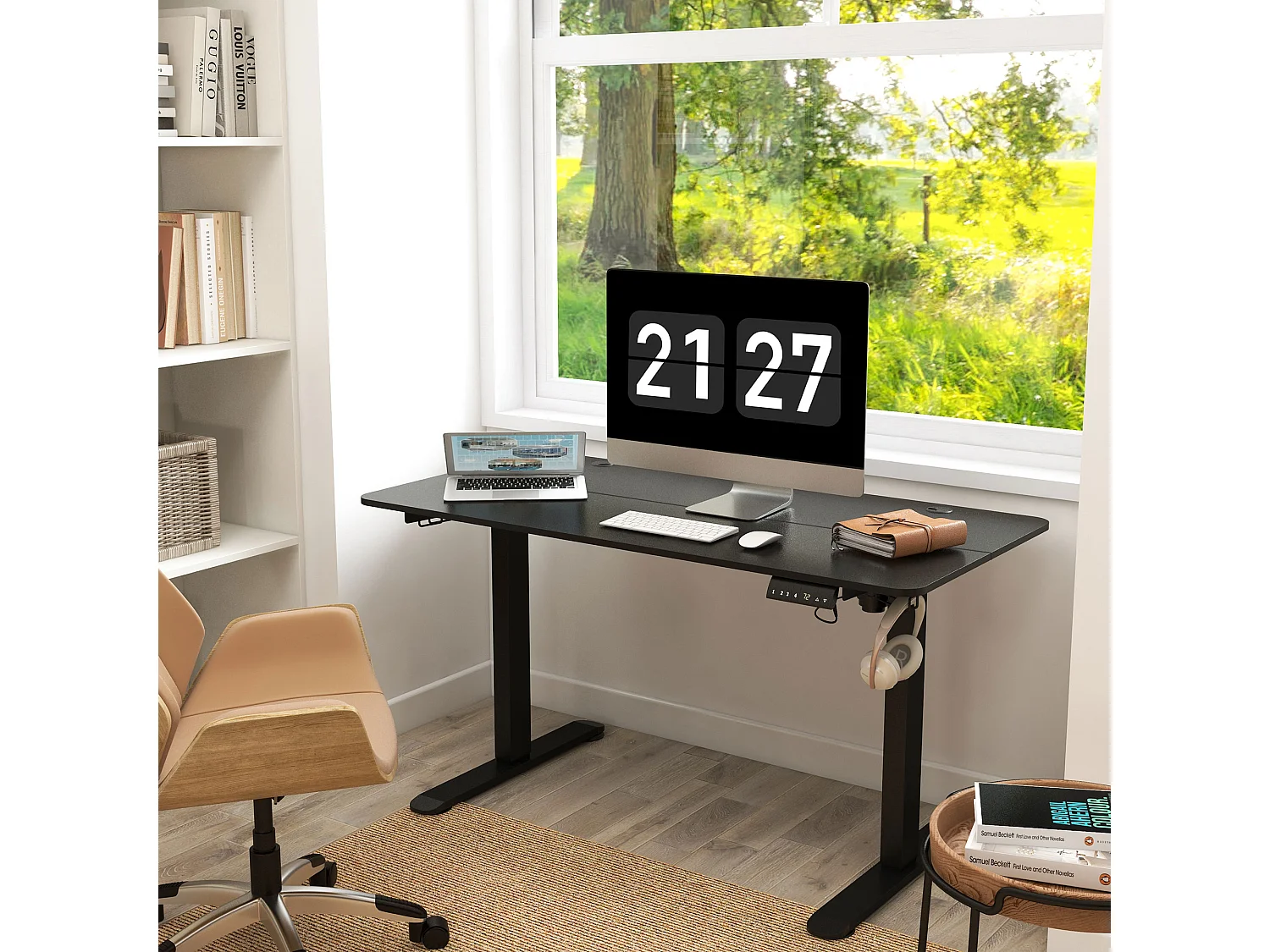 Bureau assis-debout électrique, anti-collision, contre la surchauffe, panneaux MDF, noir (140x70x72-116 cm)