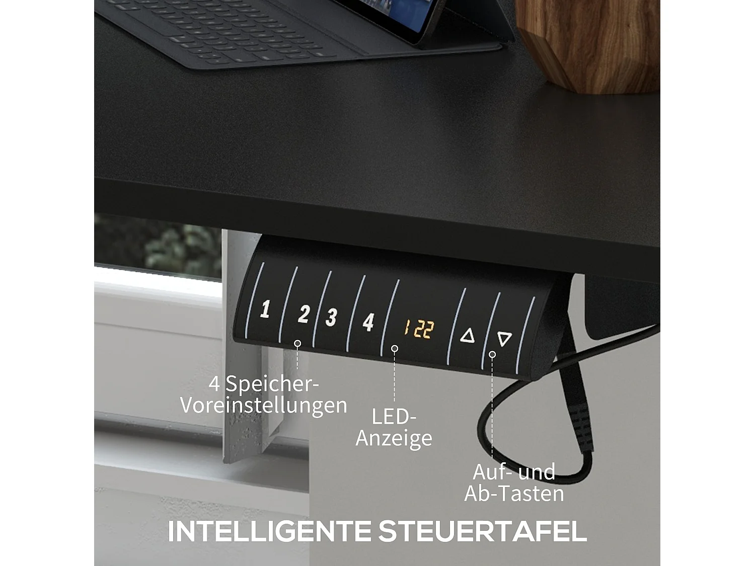 Bureau assis-debout électrique, anti-collision, contre la surchauffe, panneaux MDF, noir (140x70x72-116 cm)