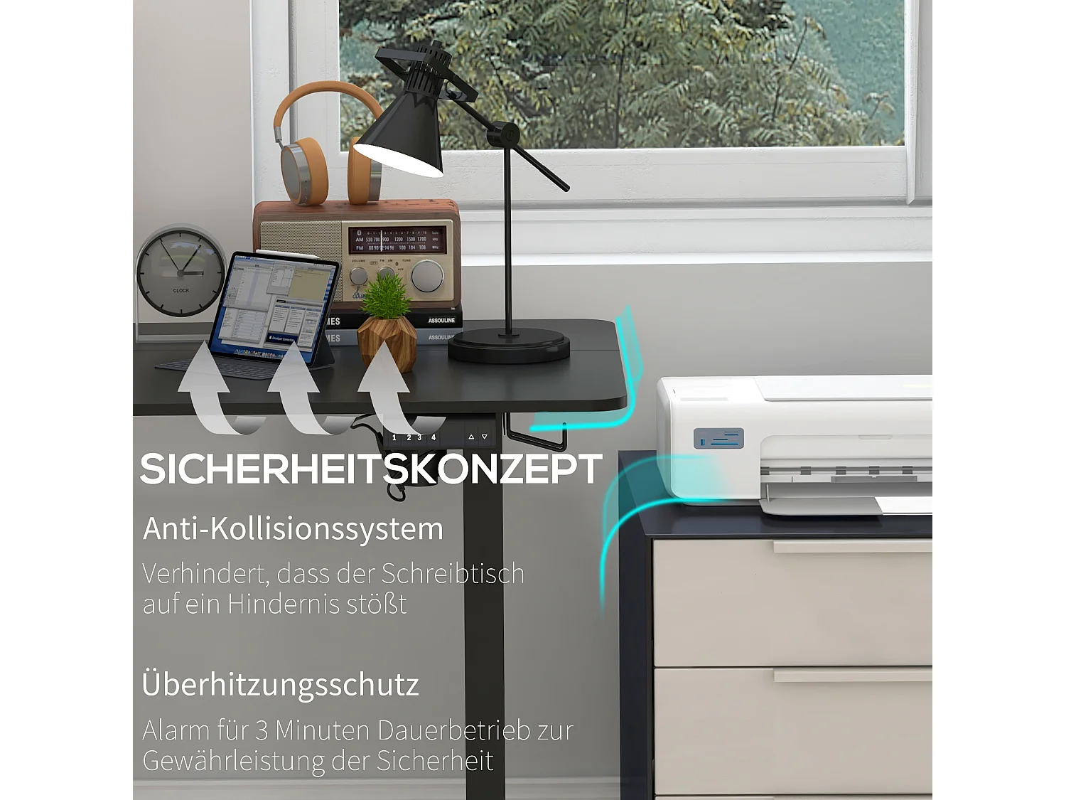 Bureau assis-debout électrique, anti-collision, contre la surchauffe, panneaux MDF, noir (140x70x72-116 cm)