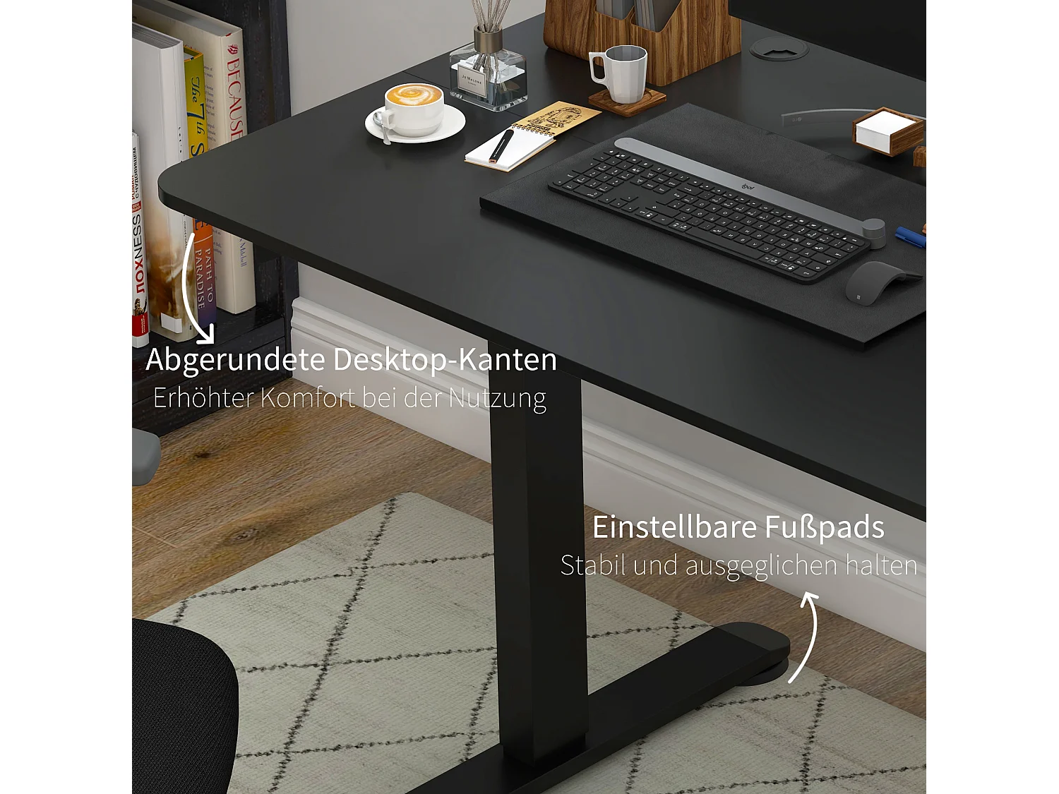 Bureau assis-debout électrique, anti-collision, contre la surchauffe, panneaux MDF, noir (140x70x72-116 cm)