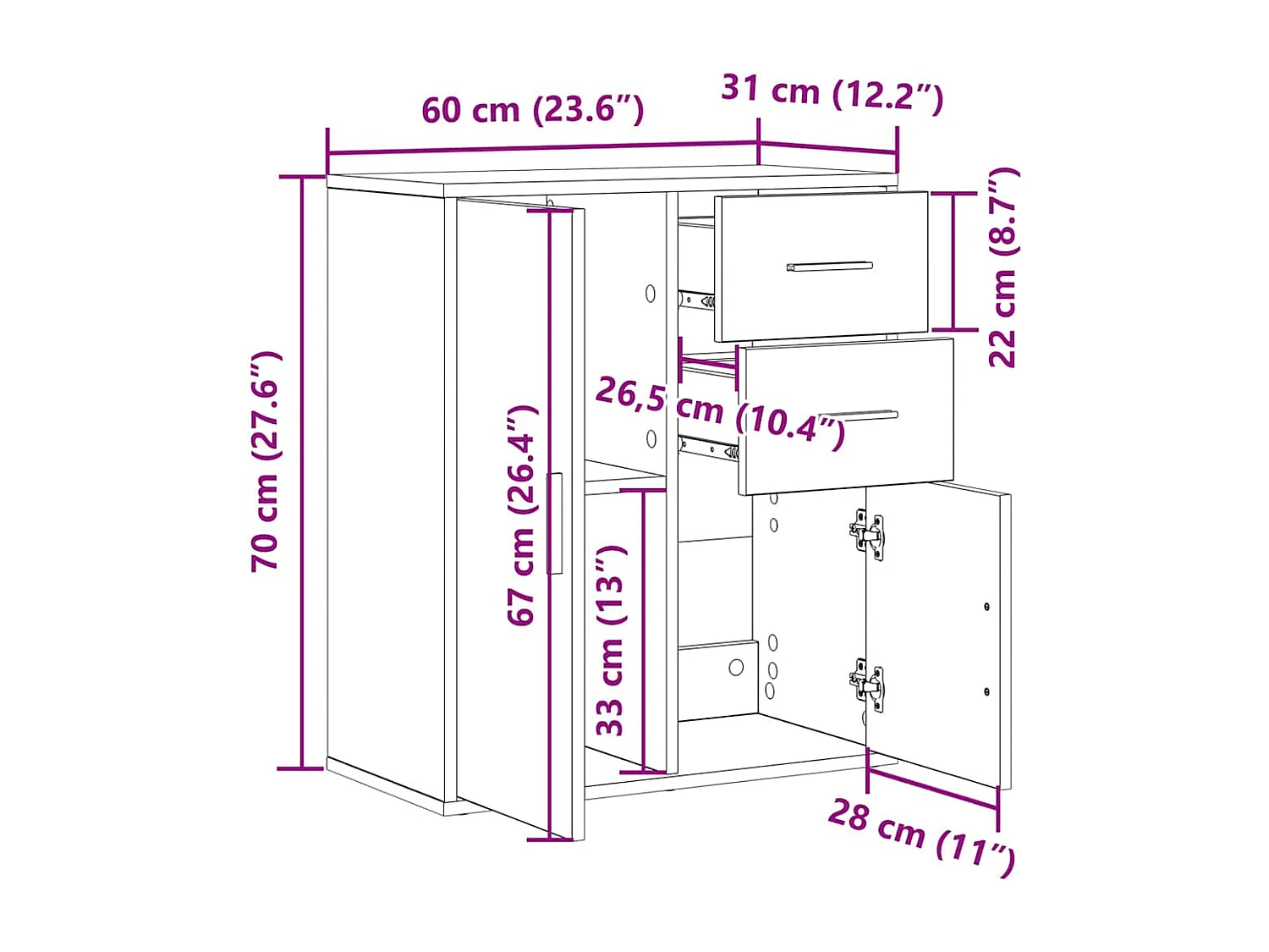 Handgemaakt eikenhouten dressoir 60 x 31 x 70 cm Technisch hout