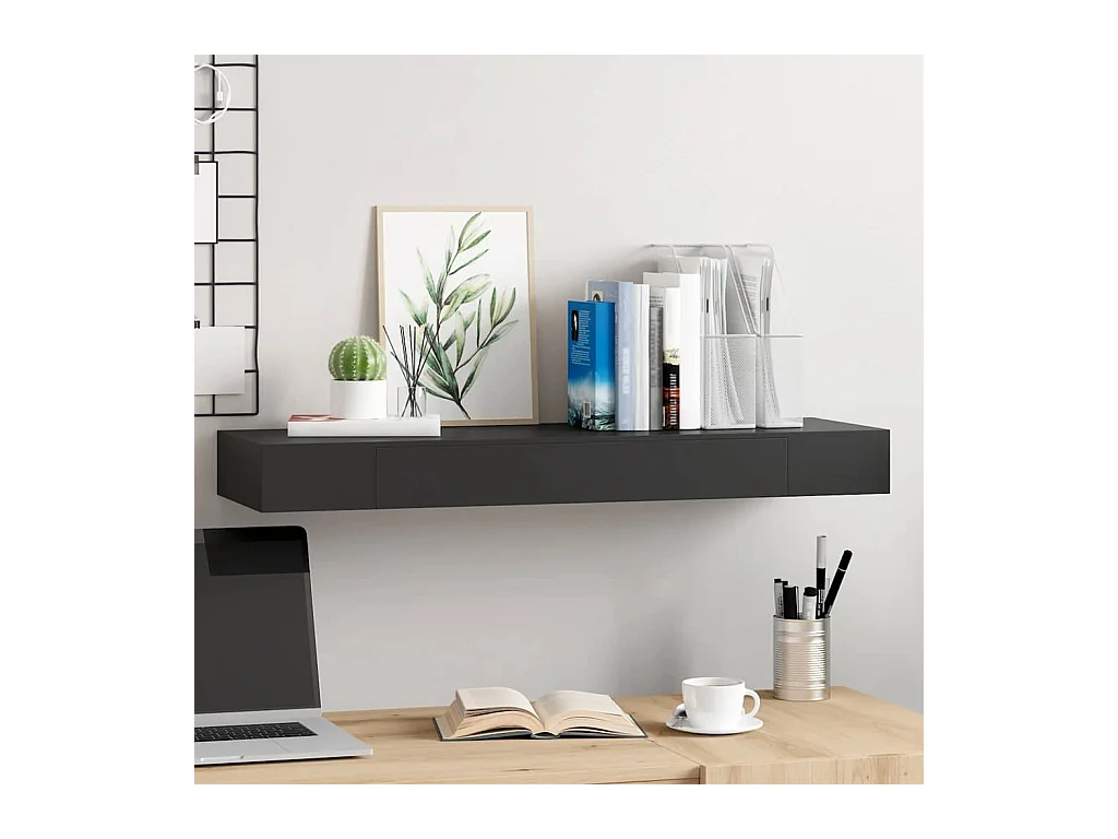 Mensola da parete sospesa con cassetto Nero 80x25x8 cm