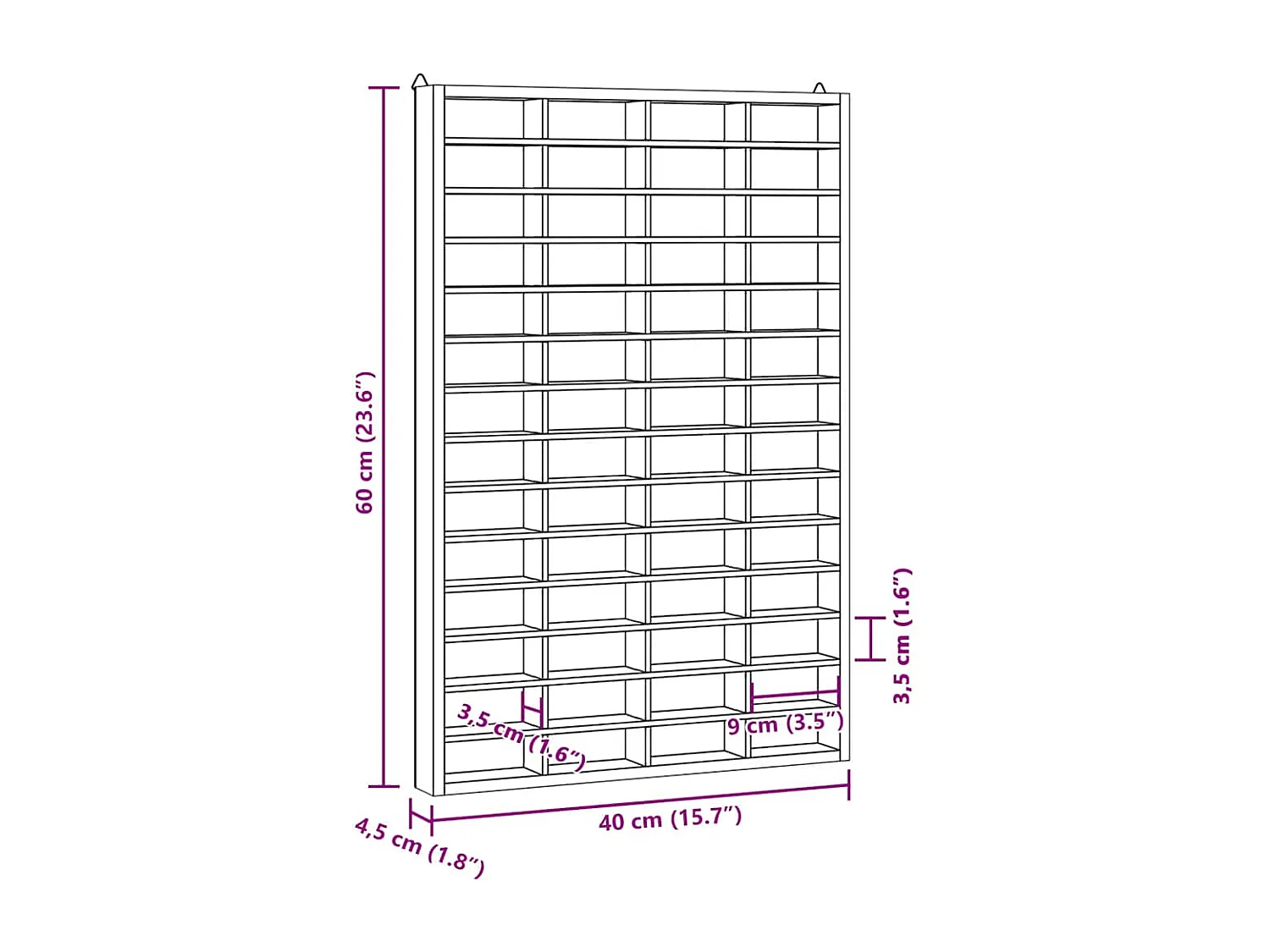 Houten collectie vitrine met 56 vakken