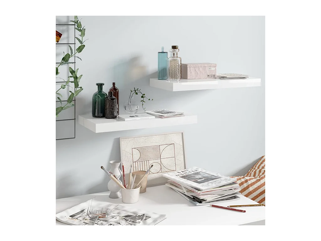 Mensola sospesa da parete 2 pezzi Bianco lucido 50x23x3,8 cm MDF
