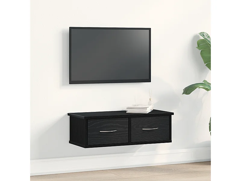 Zwarte eikenhouten wandladekast 60x26x18,5 cm, bewerkt hout