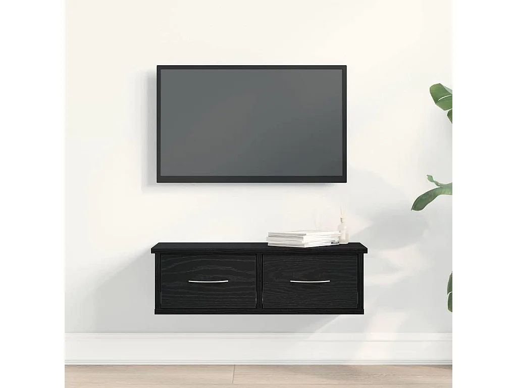 Zwarte eikenhouten wandladekast 60x26x18,5 cm, bewerkt hout