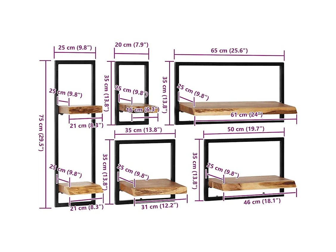 Set d'étagères murales 5 pcs Bois d'acacia massif et acier