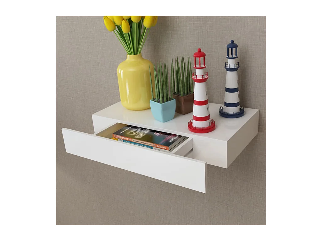 Mensola da parete con 1 cassetto in MDF bianco per riporre libri/DVD