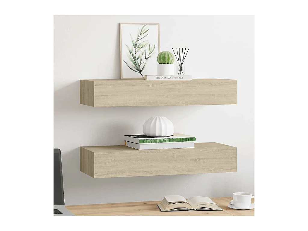 Étagères à tiroirs murales 2 pcs chêne 60x23,5x10 cm MDF