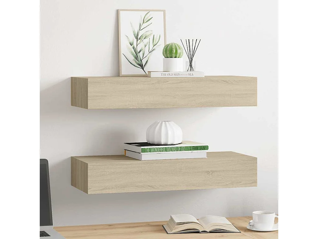 Étagères à tiroirs murales 2 pcs chêne 60x23,5x10 cm MDF
