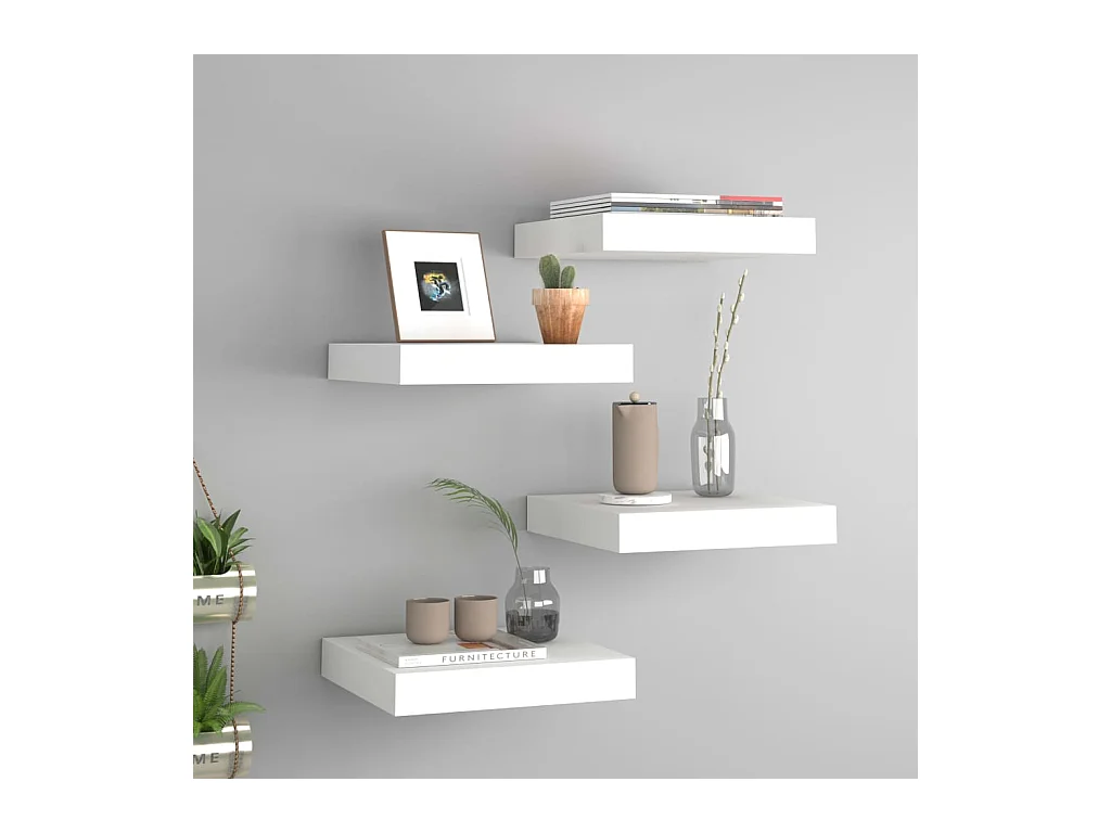 Mensole da parete sospese 4 pezzi bianche 23x23,5x3,8 cm MDF