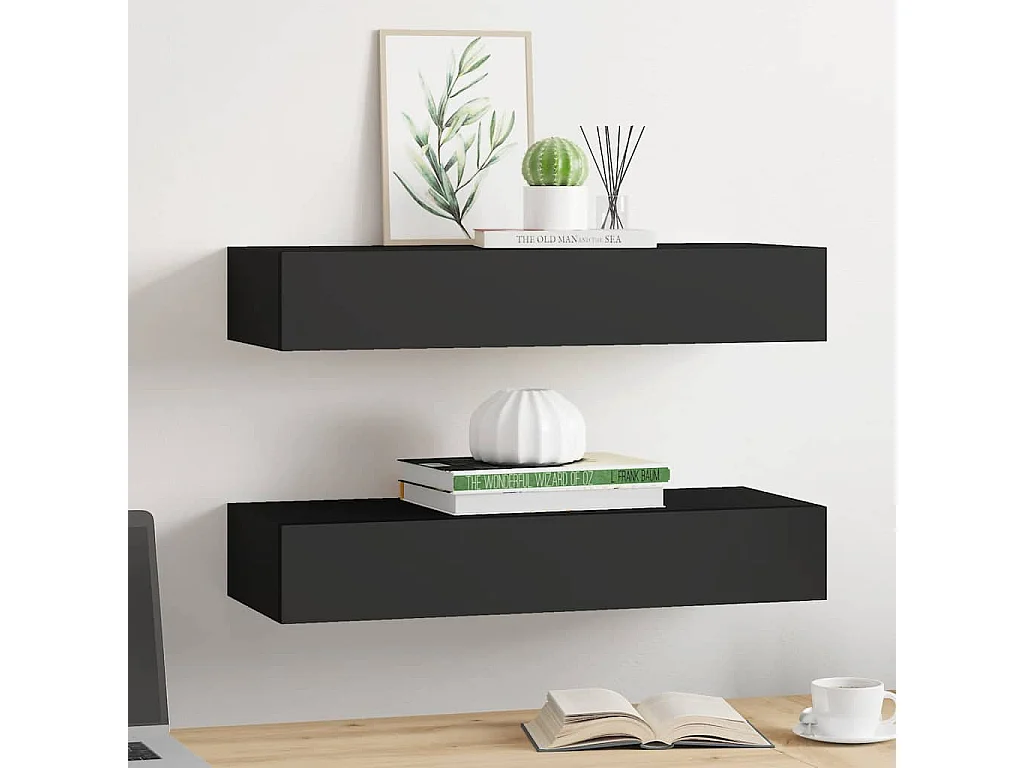 Étagères à tiroirs murales 2 pcs Noir 60x23,5x10 cm MDF