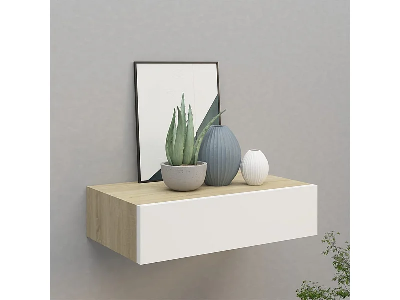 Étagère à tiroir murale chêne et blanc 40x23,5x10 cm MDF